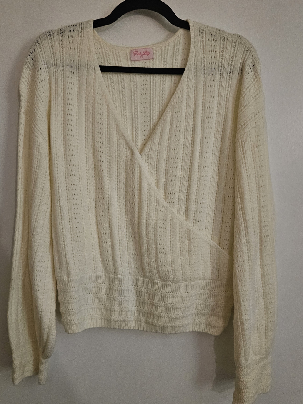 Pink Lily Cream Wrap-Front V-Neck Sweater